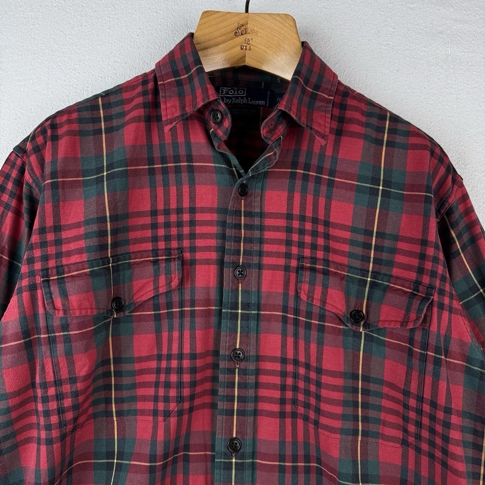 90's Vtg Polo Ralph Lauren Tartan Plaid Wool‎ Blend Flannel Shirt Men's M Red - Picture 4 of 14